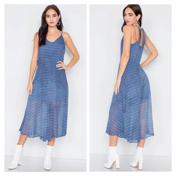 NWT-Indigo Blue Contrast Stripes Sheer Flare Leg Jumpsuit - Picture 1 of 12